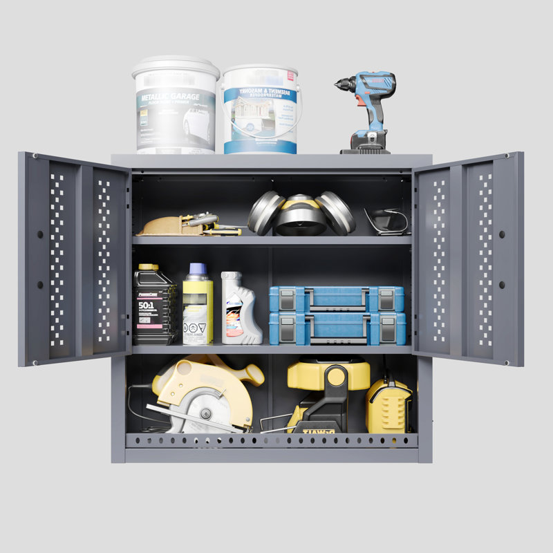 29.87" H Gray Steel Garage Cabinet With Door, Wall - Mounted For Kitchens, Basements, Warehouses, Quick Installation, Adjustable Shelf Layout Tool H, Metal Removable Shelves, Smooth Opening Mechanism