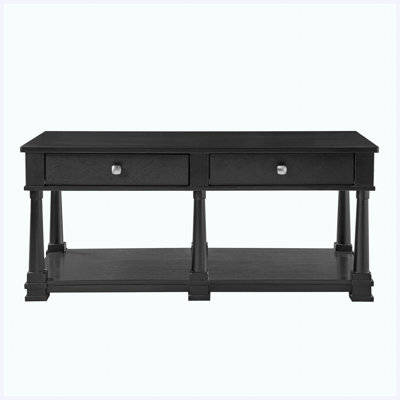 Farmhouse Rectangular Wooden Coffee Table with 2 Storage Drawers & Open Shelf, Solid Wood Legs Cocktail Table for Living Room