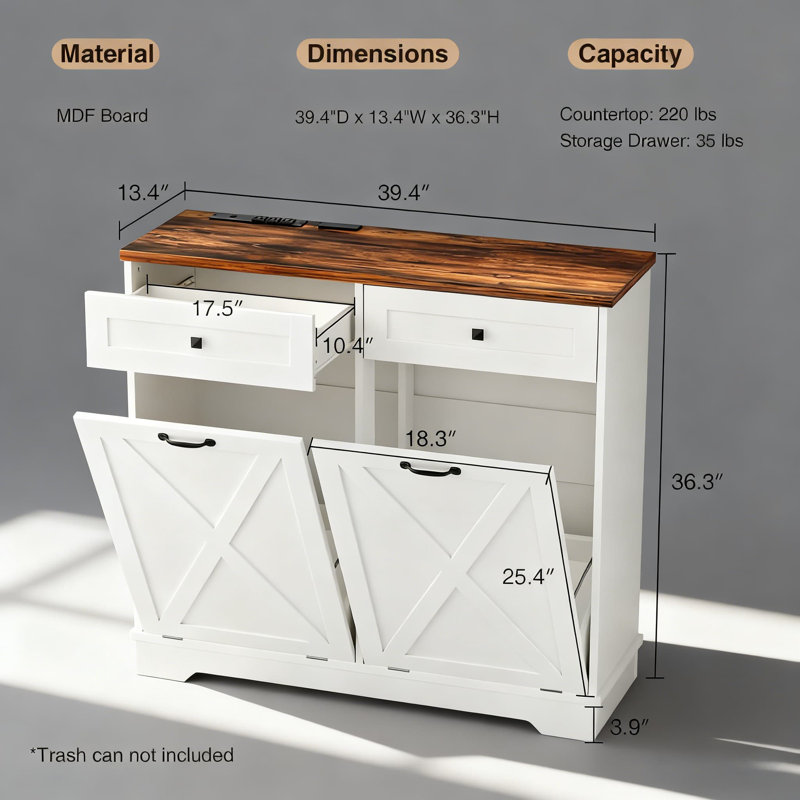 Armoire à poubelle inclinable avec fonction de désodorisation, double poubelle de style campagnard avec station de chargement intégrée et tiroir pour la cuisine ou le salon