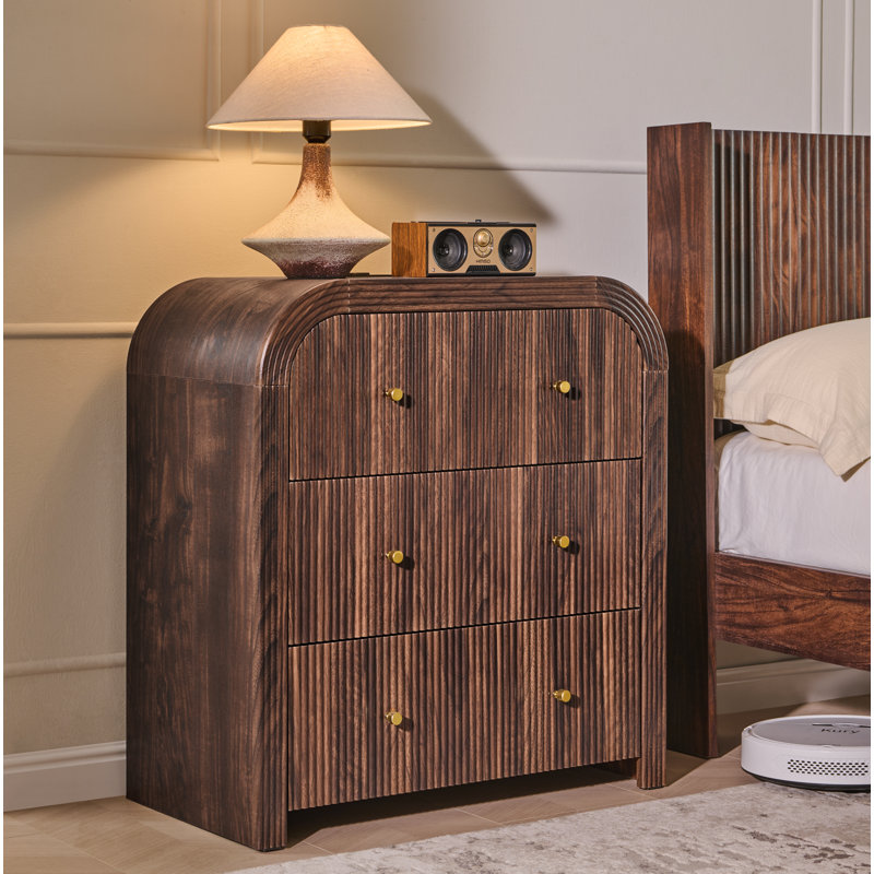 Fluted Panel 3-Drawer Dresser Bedroom Storage Organizer With Metal Handles, Brown