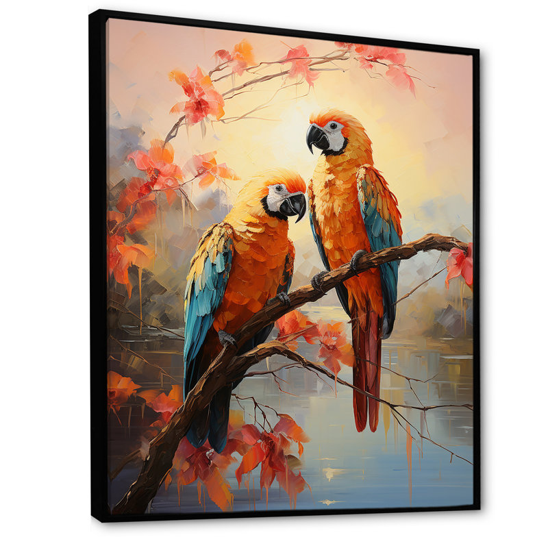 " Parrots Sunset Serenade ", Black Floater Frame, 20" H x 12" W x 1" D