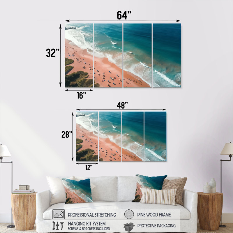 Vue aérienne de la plage bleue et rose VI - ensemble d'art mural 4 pièces plage et océan, H 28 po x l 48 po