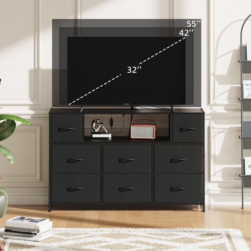 Meuble télé noir Eunos pour téléviseur 65 po avec 8 tiroirs, DEL et prises de courant pour chambre à coucher, salon, black