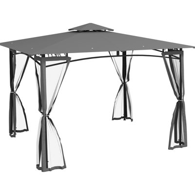 Pavillon de jardin 10 'x 12' avec filet, 2 auvents pour terrasse, cour, jardin, structure en métal, abri double gris foncé