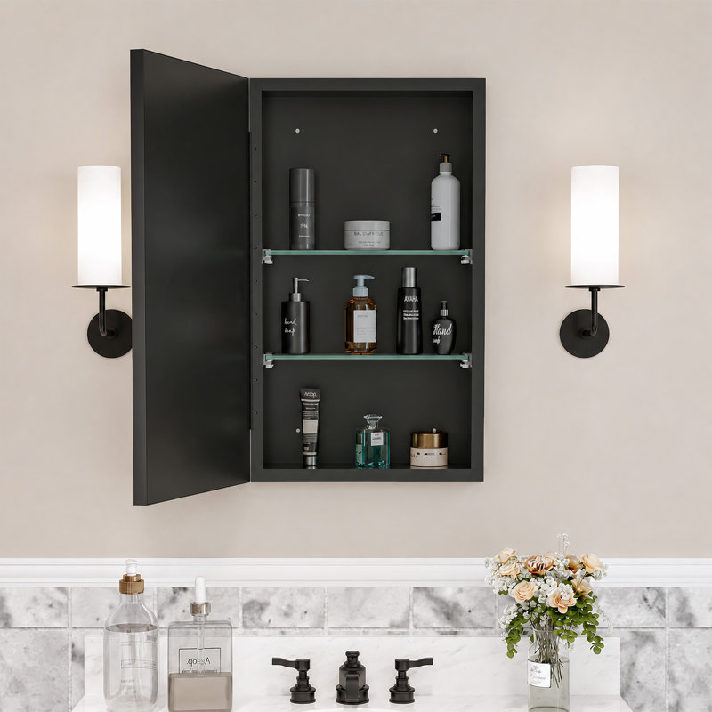 Armoire à pharmacie encastrée / en surface avec miroir Elise, 26"H x 15"W x 4.5"D, Noir