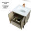Meuble-lavabo rustique de 61 cm de large, comptoir en quartz blanc, robinet en or rose et miroir arrondi de 46 cm de large x 51 cm de profondeur. Meuble-lavabo au fini teinté, suspendu au mur, ovale biseauté.