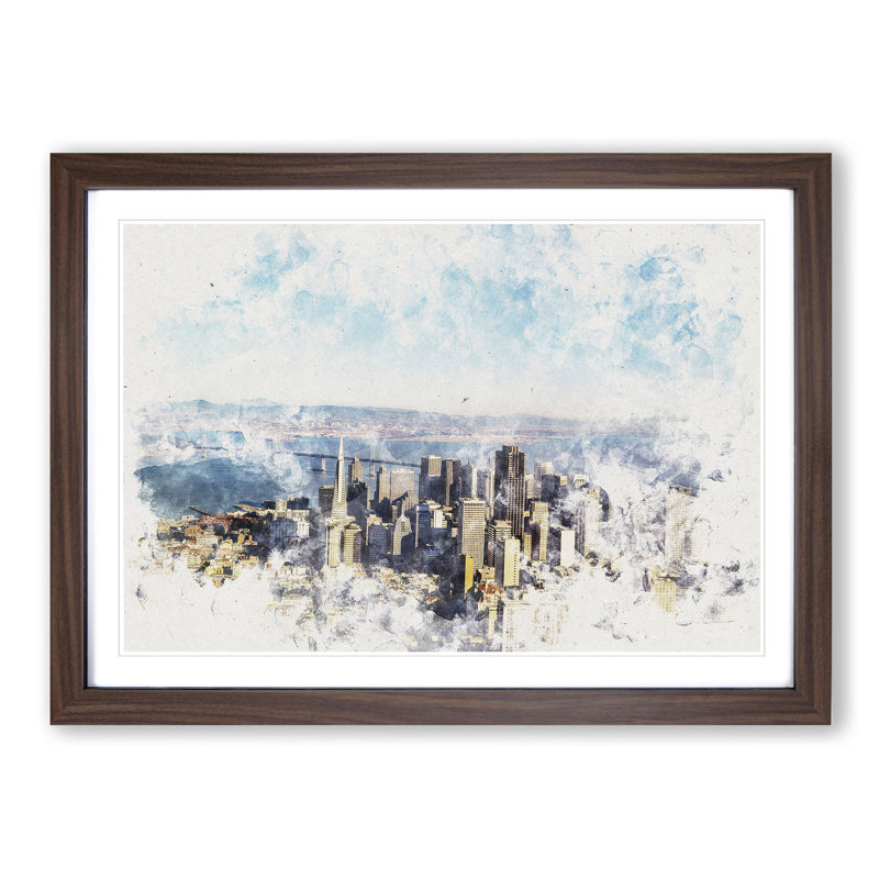 View Of San Francisco Watercolour - Picture Frame Graphic Art, Walnut, 33cm H x 45cm W x 2cm D