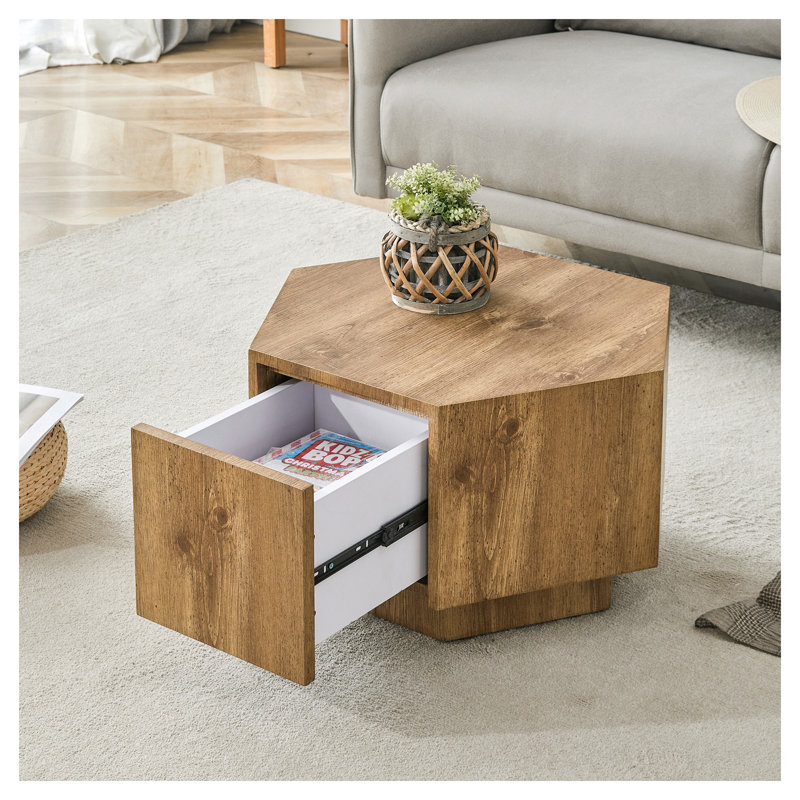 Table basse hexagonale moderne avec tiroir - Table de bout décorative en bois rustique pour le rangement dans le salon