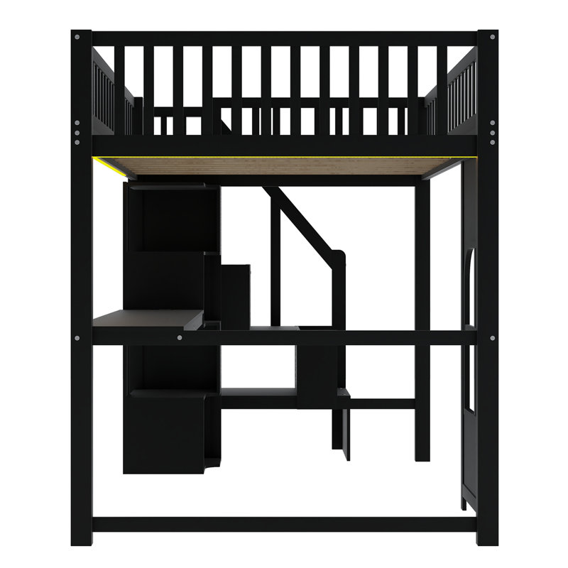 Lit mezzanine avec escalier de rangement, bureau intégré, étagères ouvertes, panneau de fenêtre décoratif, bande lumineuse DEL et port de chargement USB