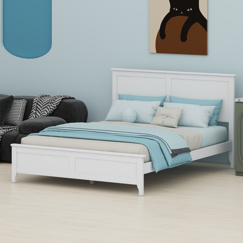 Modern Solid Wood Platform Bed, White, Queen