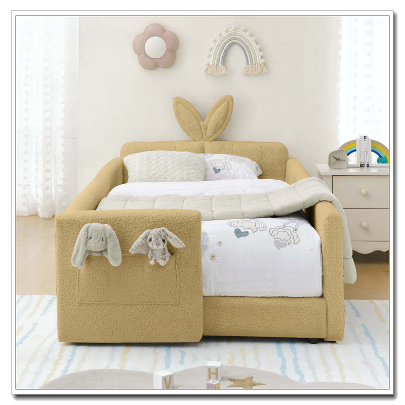 Lit plateforme tapissier simple avec tête de lit mignonne en forme d'oreille de lapin, Jaune