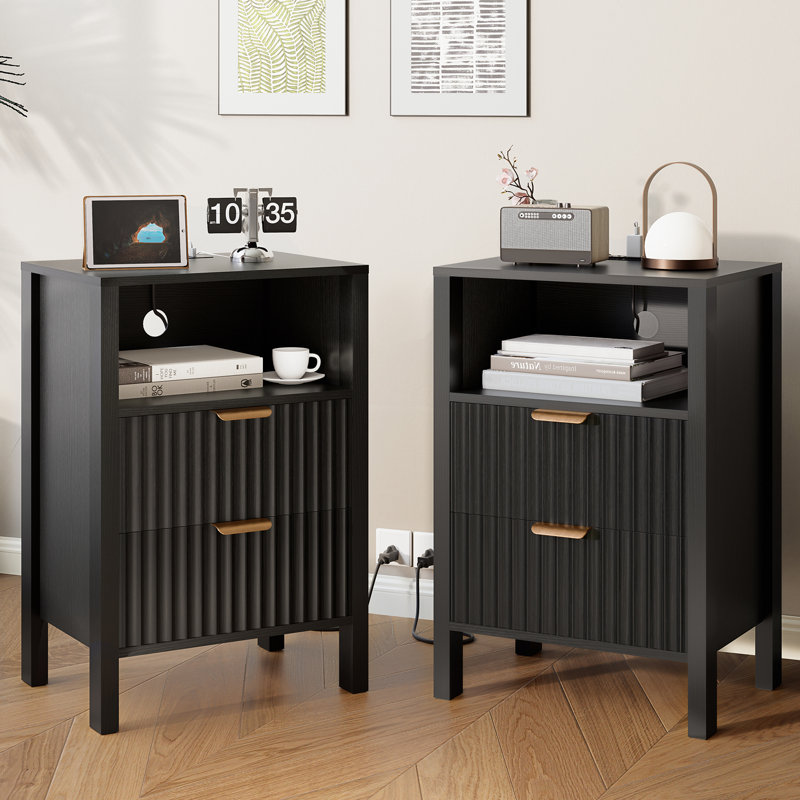 Mid-Century Modern Fluted Nightstand Set of 2, Walnut Wood Nightstands with Charging Station,  Bedside Table Set of 2 for Bedroom, 15.8"D x 11.8"W x 23.4"H