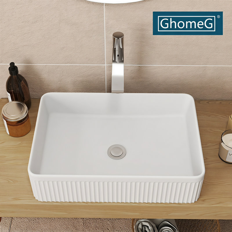 19 5/8" L x 13 11/16" W White Fluted Ceramic Vessel Sink, Rectangular Above Counter Bathroom Sink with Vertical Ribbed Design