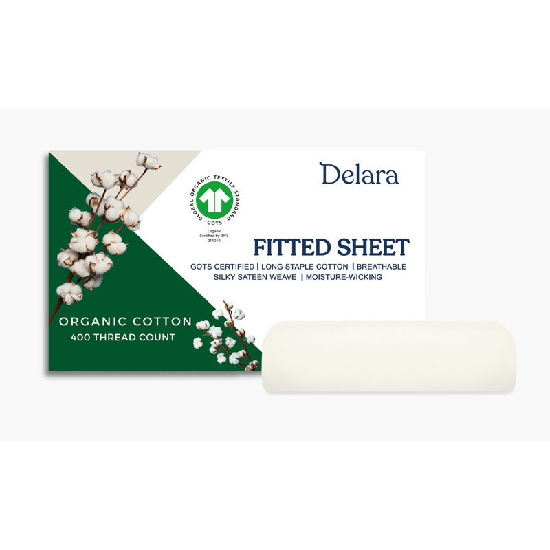 Delara GOTS-Certified Organic Cotton Sateen Fitted Sheet, 400 Thread Count, Soft Long-Staple Cotton, 16" Deep Pocket, Ivory