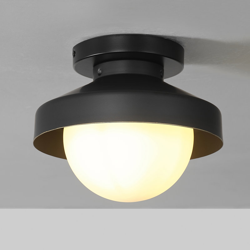 1-Light Matte Black Flush Mount Ceiling Light with Frosted Glass Shade and Bronze Trim
