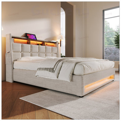 Upholstered Platform Bed with Hydraulic Storage, LED Lighting, Charging Station, and Easy Assembly for Modern Comfort