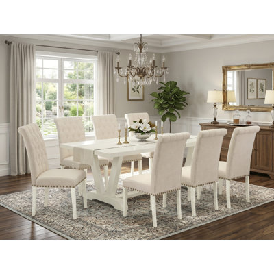 Ensemble de salle à manger 9 pièces comprenant une table rectangulaire à pieds en V et 8 chaises Parson recouvertes de tissu lin beige clair, 101,6 x 182,9 cm, multicolore