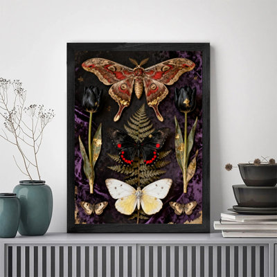 Art mural papillon noir et floral noir, impression de cadre fantaisiste foncé rétro