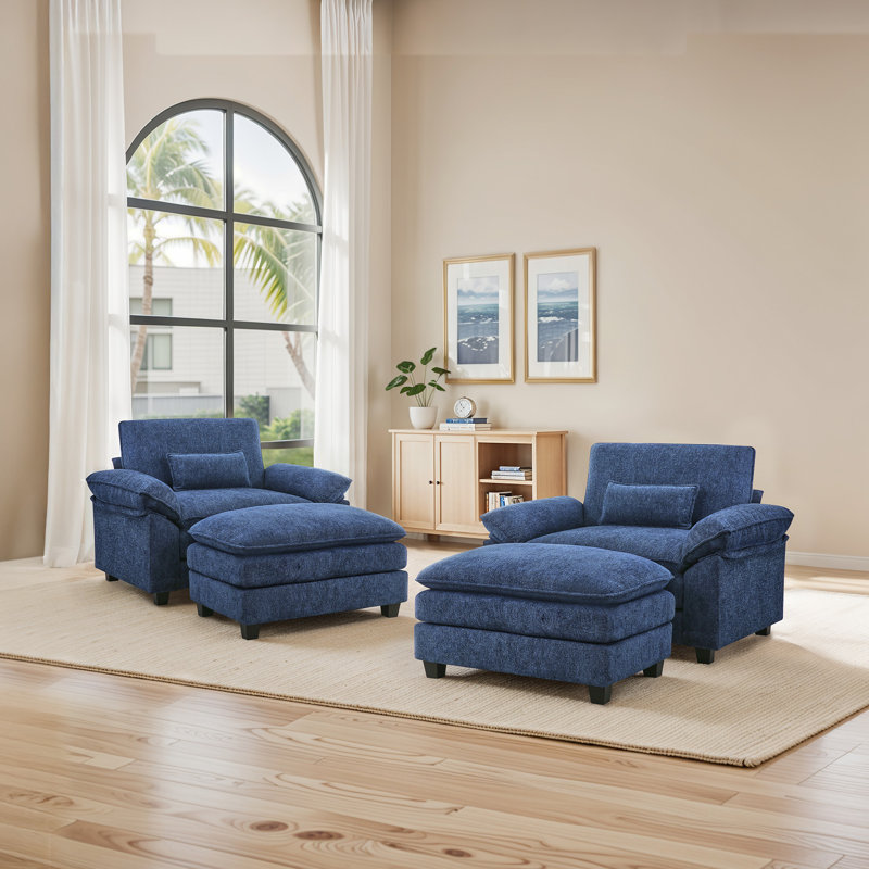Upholstered Extra Wide Accent Chair With Rectangle Ottoman  (Set of 2), Dark Blue