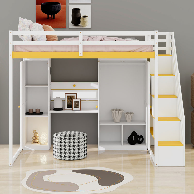 Loft Bed  With Storage Staircase, Dressing Table, Wardrobe, USB Charging Ports, White/Yellow