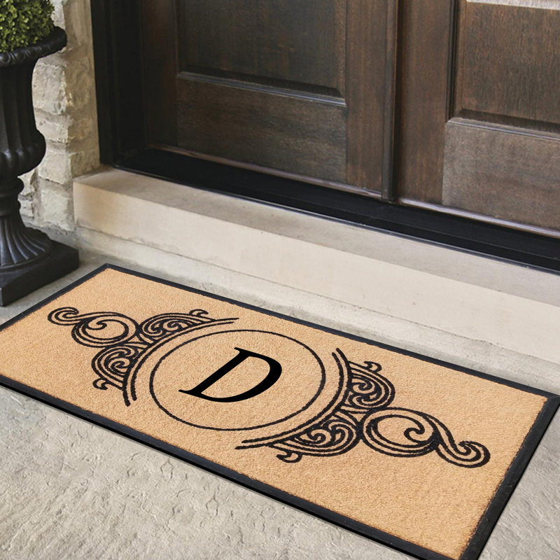 Tapis de porte en fibre de coco naturel et en caoutchouc monogrammé à la main Jahkobe Floral - 30 po x 60 po, robuste, durable et durable