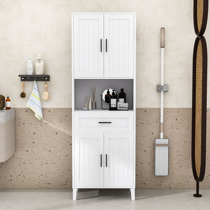 Modern Tall Storage Cabinet with Adjustable Shelves, Soft-Close Doors and Water-Resistant Finish, White