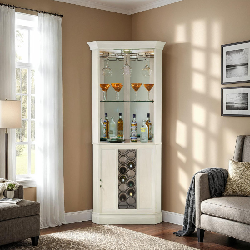 Armoire à vin de coin Piedmont IV avec éclairage et porte vitrée, Marron clair