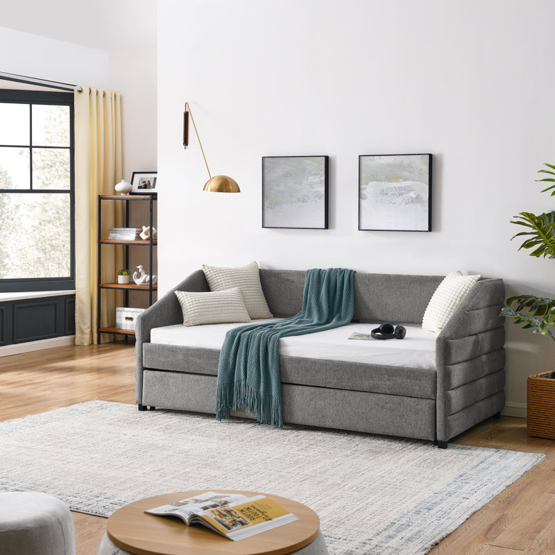 Lit de jour simple avec canapé-lit capitonné et rembourré, tissu en lin, Grey