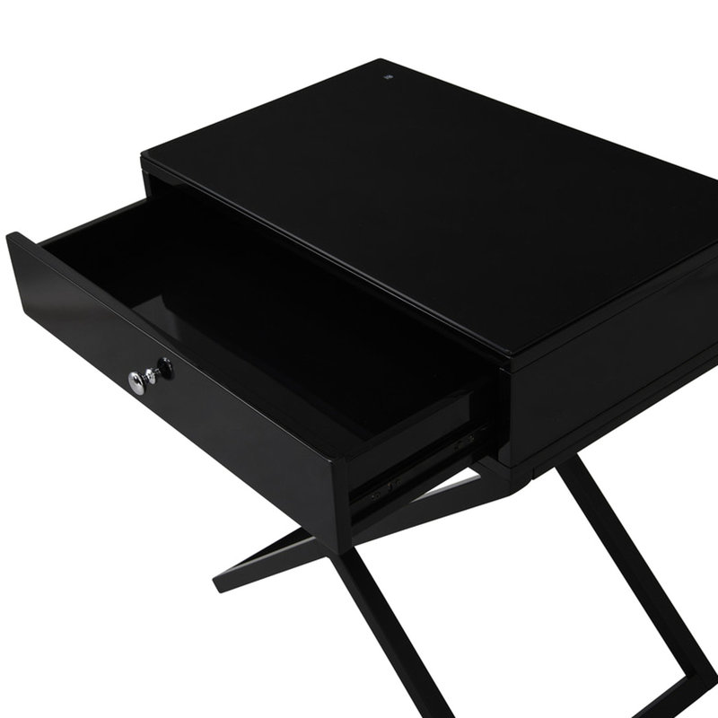 Table de chevet noire en bois avec plateau en verre de 23 po, tiroir, base en croix en métal et base de table d'appoint, tiroir