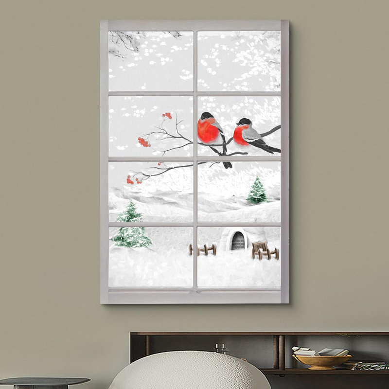 Fenêtre «Window View Snowy Winter Wonderland Finch Birds Nature Scenic Landscape» sur, H 36 po x l 24 po