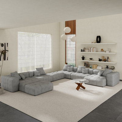 Kay Crumley 7-Piece Upholstered Modern Linen Fabric Sectional Sofa With Ottoman