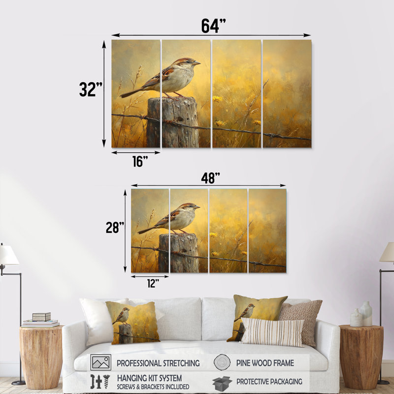Vieux oiseau moineau sur un poteau de clôture III - art mural oiseau - art mural moderne pour le salon, H 28 po x l 48 po