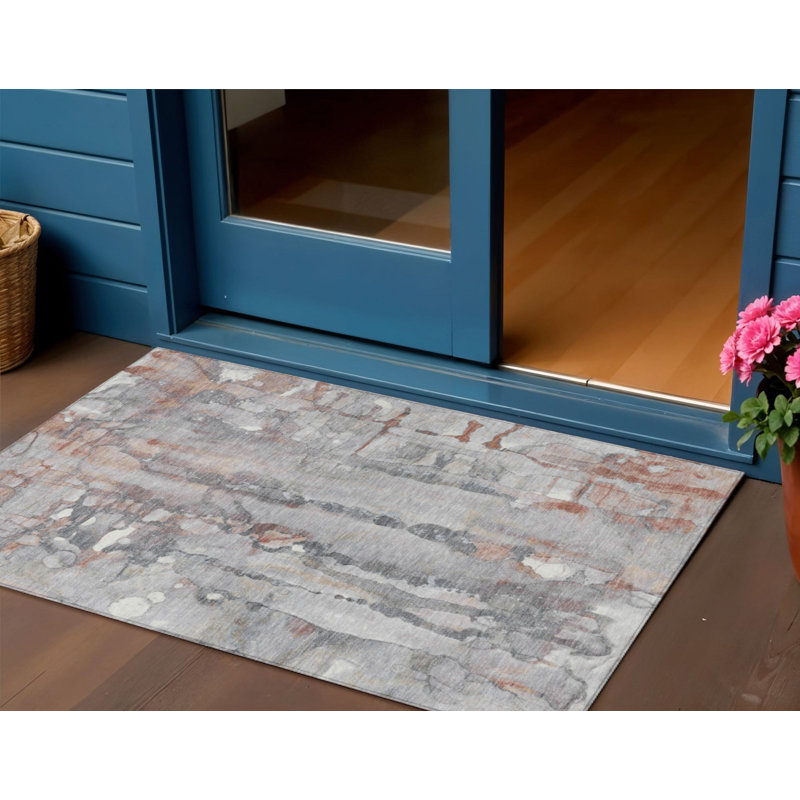 Tapis intérieur lavable abstrait cuivre et gris 5 pi x 8 pi, Rectangle 5 pi x 8 pi