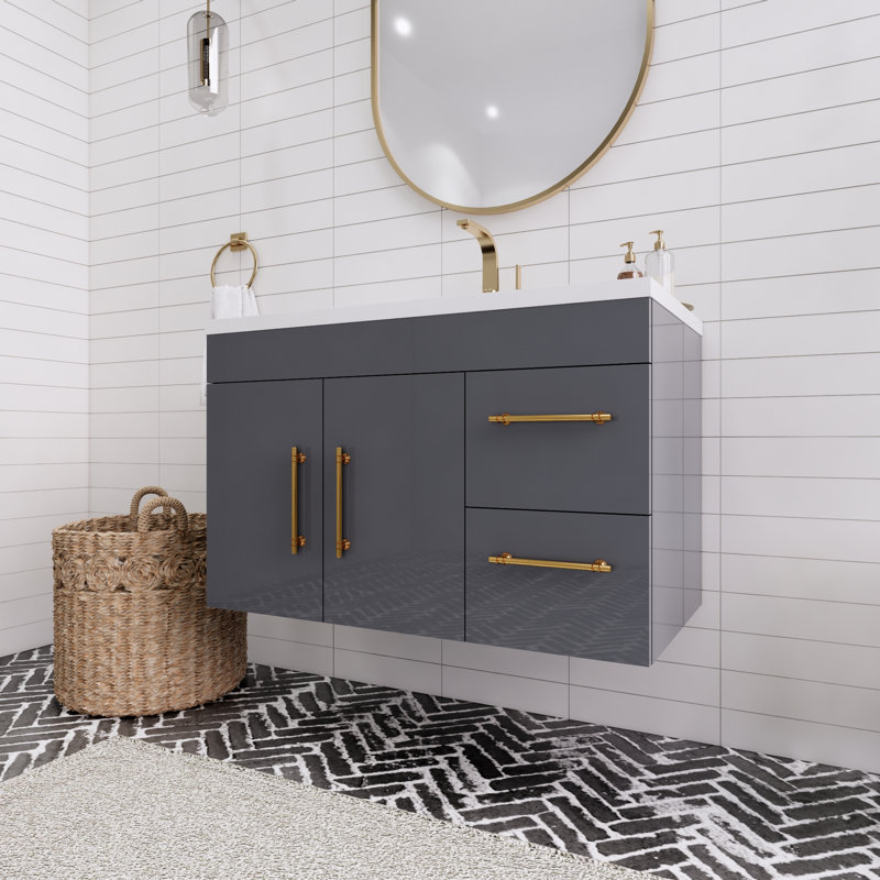 Spring 35.44'' Single Bathroom Vanity with Acrylic Top, Gloss Gray