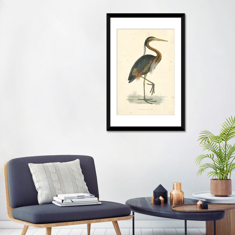 « rétro héron », impression sur toile, H 24 po x l 16 po x P 1 po, Papier d'art encadré noir, Blanc