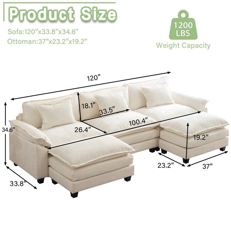 Praylow 120" W Modular U-Shaped Sectional Sofa with Two Ottomans, Cream White
