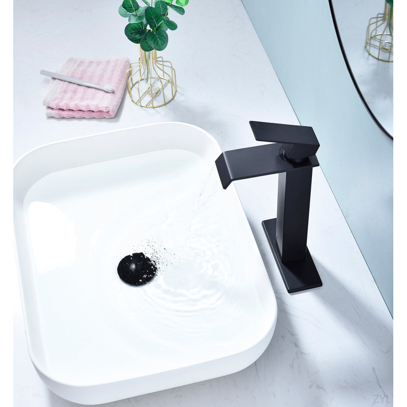Waterfall Spout Bathroom Sink Single Handle Faucet With Pop-Up Drain (No Overflow)