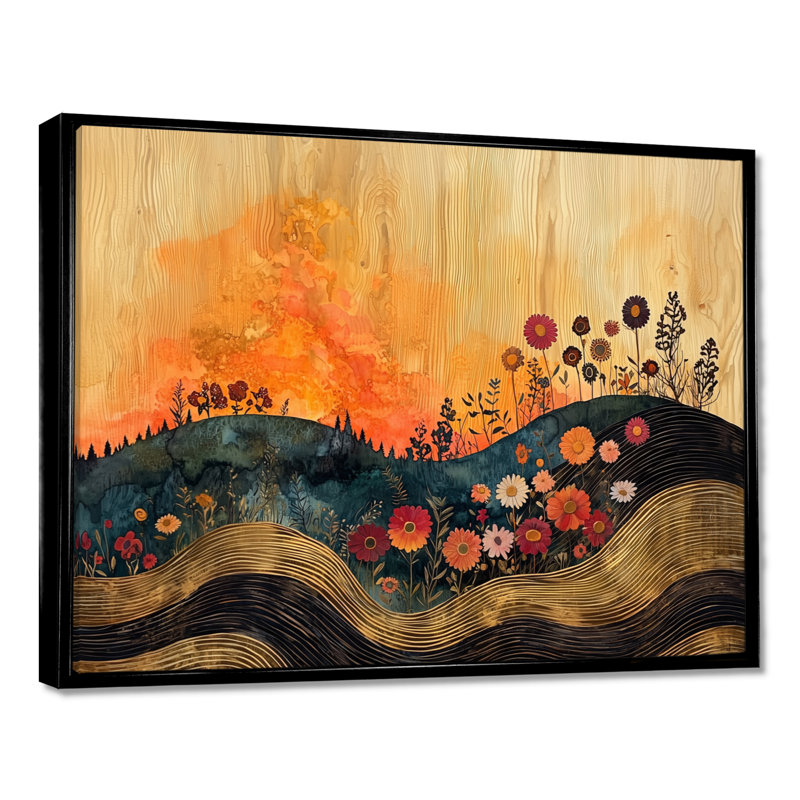 Fleurs orange orange, champ de fleurs I - art mural floral, H 34 po x l 44 po, Cadre flottant, Noir
