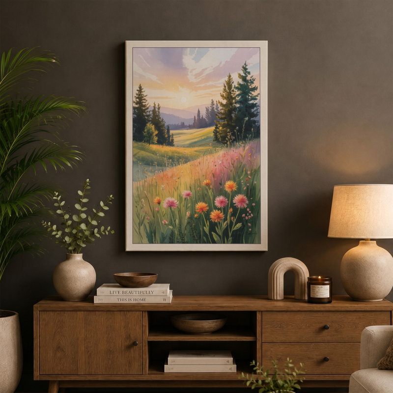 Wildflower Meadow at Golden Hour Boho - Wrapped Canvas, 24x16 - 61.0 x 40.6 cm, Black Border