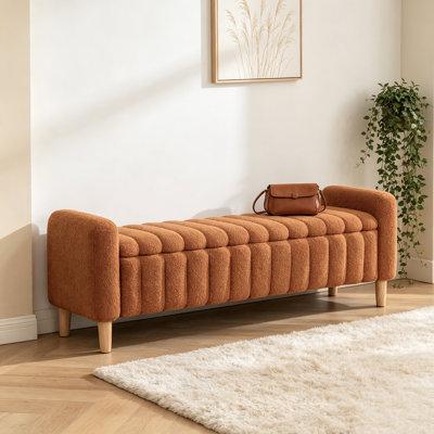 Banc de rangement rembourré avec tissu en molleton Teddy, rangement à compartiments cachés, structure en bois massif et pieds en bois d'hévéa