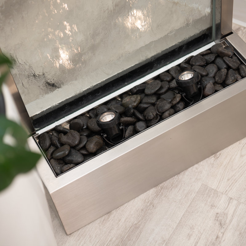 Fontaine cascade Stanya avec lumières DEL, Acier inoxydable argenté / verre transparent, H 72 po x l 24 po x P 10 po