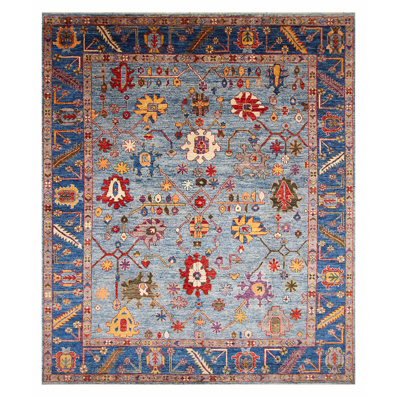 Tapis bleu clair / rouge de haute qualité noué à la main