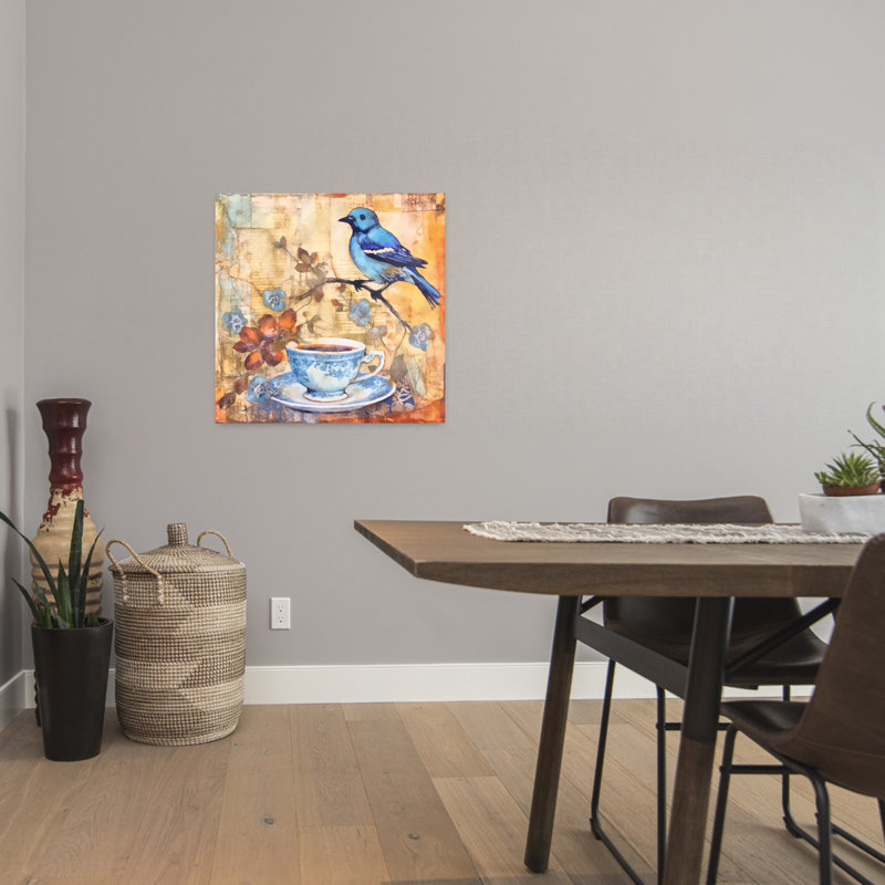 Charming Bluebird Tea Time Contemporary Bird Wall Art Print 1 Piece Wrapped Canvas Wall Art, 60.96cm H x 60.96cm W