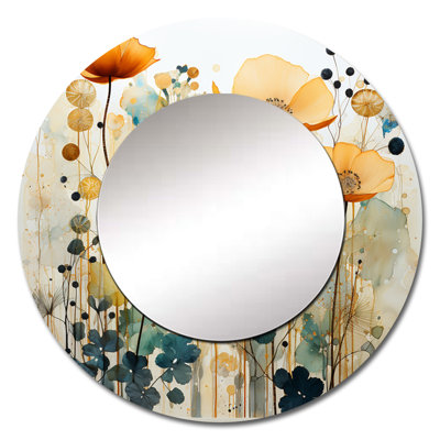 Teal Orange Botanical Fragments III - Botanicals Unique Wall Mirror, Modern Round Mirror, Printed Metal Art