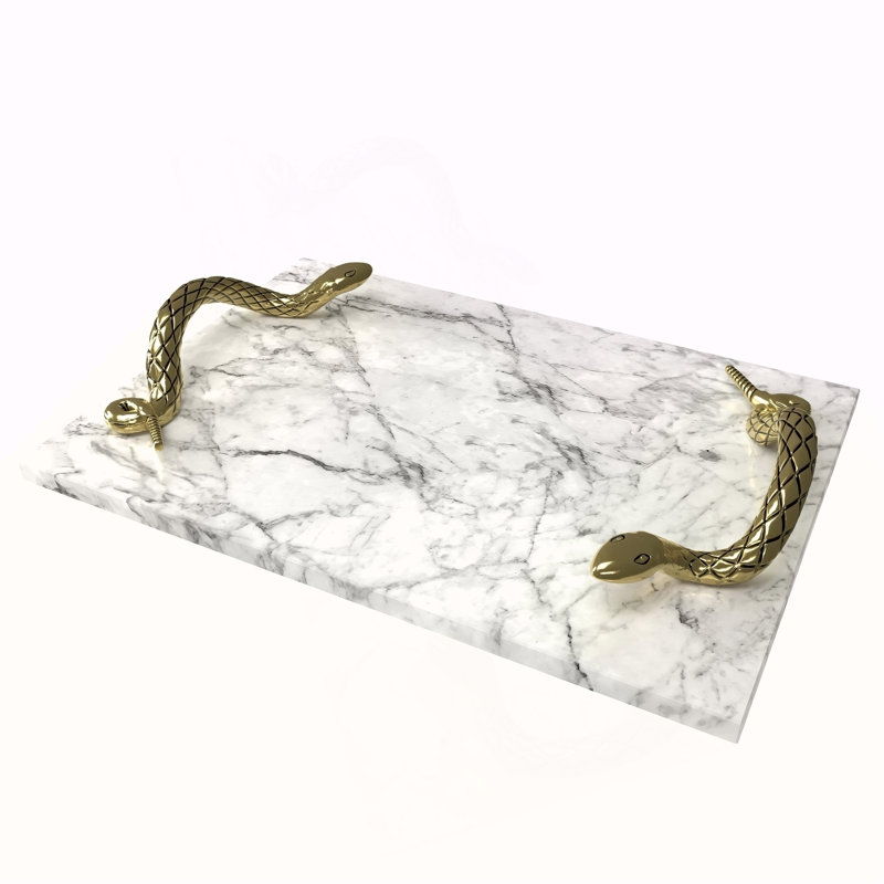 Plateau de service décoratif en marbre blanc Mamba avec poignées en laiton