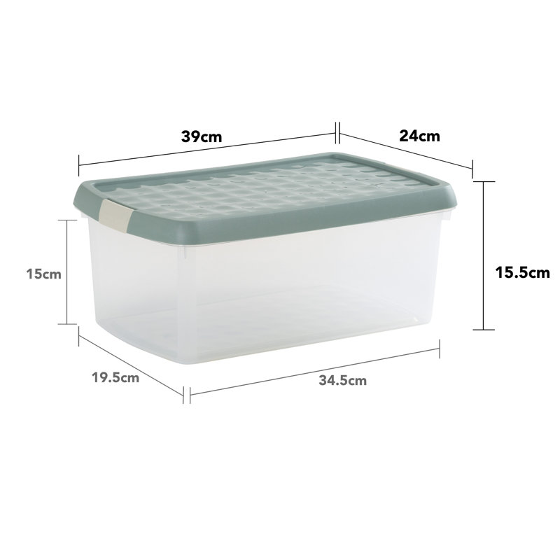 Wham Clip 3x 7L Rectangular Plastic Storage Boxes with Secure Clip Lock Lids. L:39 x W:24 x H:10.5cm Clear/Green Milieu/Stone