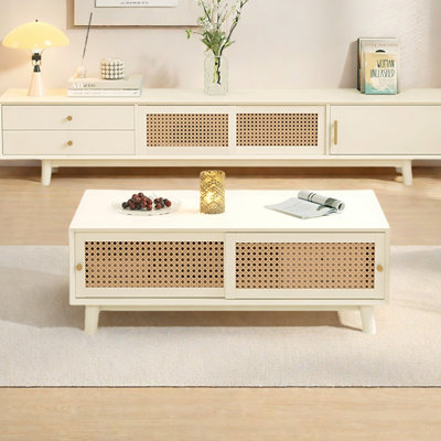 Nordic Solid Wood Coffee Table with Rattan Storage