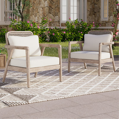(SET OF 2) Outdoor Acacia Wood Patio Club Chair, Patio Furniture,Waterproof Thick Cushion Deep Seating for Porch, Garden, Backyard, Balcony, Weight Capacity 400lbs, Cream cushion
