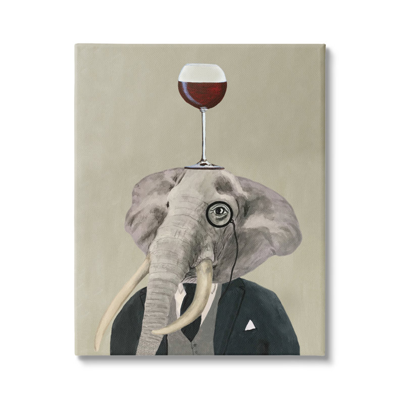 «Fancy Elephant suit Monocle» tenant un verre à vin par Coco de Paris - Peinture, H 40 po x l 30 po x P 1,5 po, Toile tendue