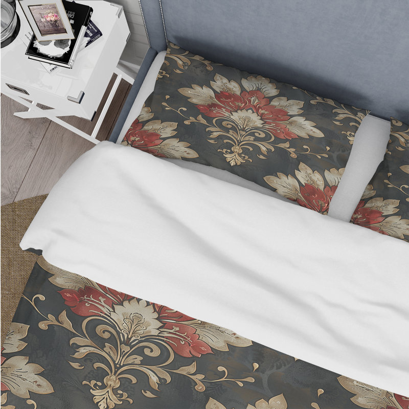 Red Gold Damask Delight - Ensemble de housse de couette damassé, Housse de couette très grand + 2 taies décorativ